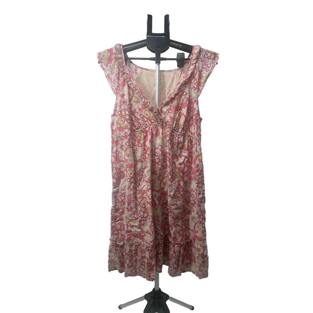 Old Navy Beige Pink Floral Pattern V Neck Ruffled Hem Summer Dress Size M Y2K